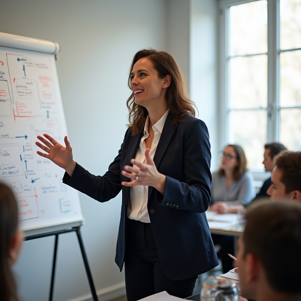 Facilitator prezentând la workshopul de scriere